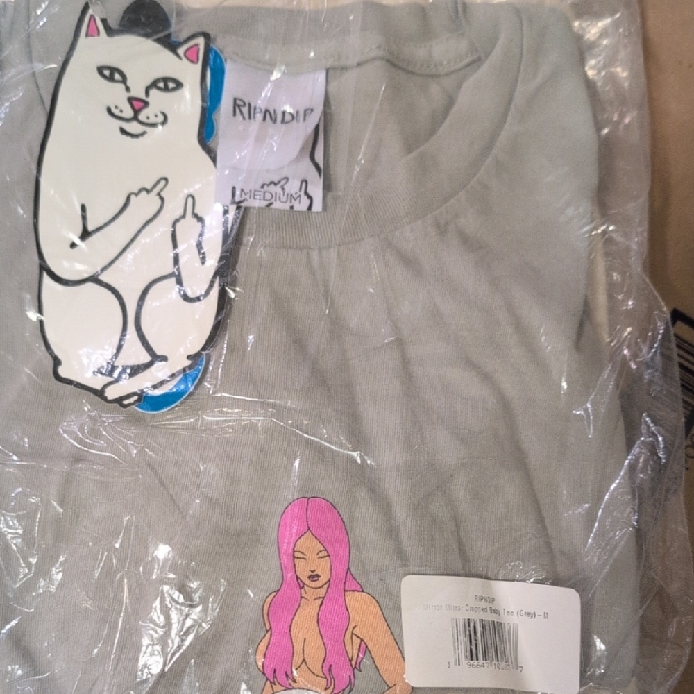 Ripndip Gray Tee with Playful Cat and Pink-Haired Character
